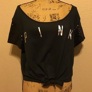 PINK crop top with sequin sleeves and tie front